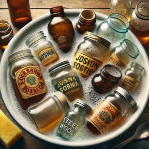 A clean glass jar with craft supplies around, ready to be turned into a decorative candle holder.”