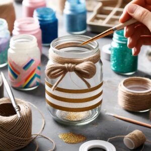 A DIY candle holder in progress, with paint being applied to the exterior of a glass jar.