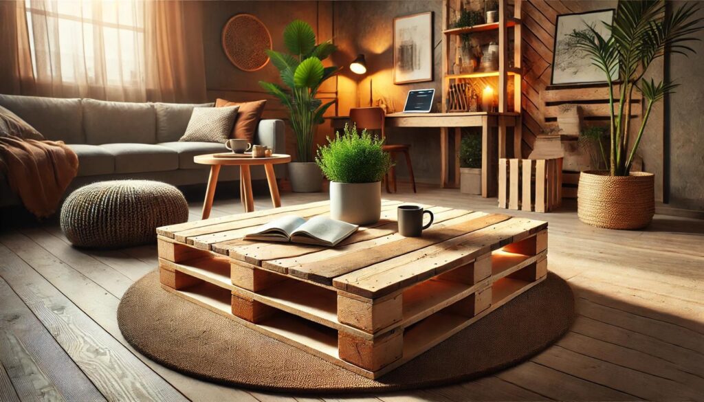 DIY Coffee Table from a Pallet Cover Image – A beautifully arranged coffee table made from a repurposed wooden pallet, decorated with books and a cozy setup.