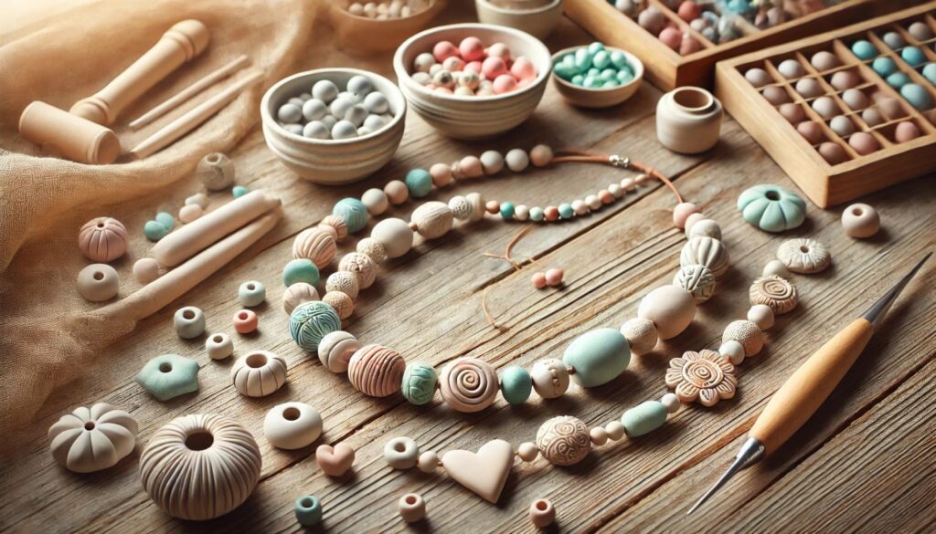 DIY Clay Necklace Project Cover Image – A handmade clay necklace with elegant and colorful beads, displayed as a stylish DIY accessory