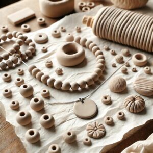 Hand-shaped clay beads and pendants in different sizes and colors for a handmade necklace.