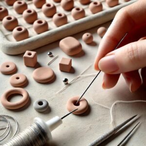 A DIY clay necklace project in progress, with a needle creating holes in clay beads.