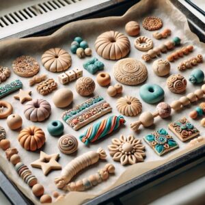 Clay beads baking on a parchment-lined tray to harden and set their shape.