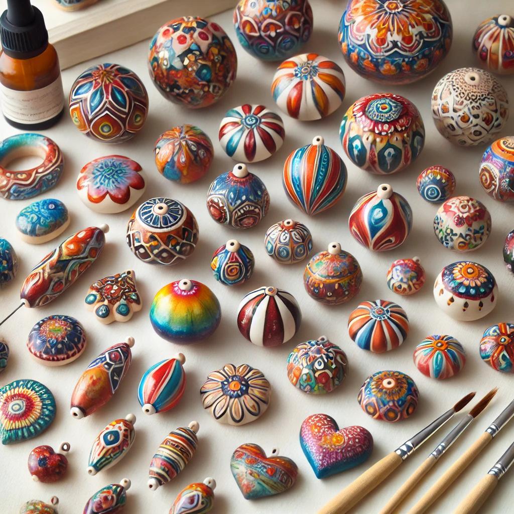 Hand-painted and varnished clay beads drying, adding color and shine to the necklace.
