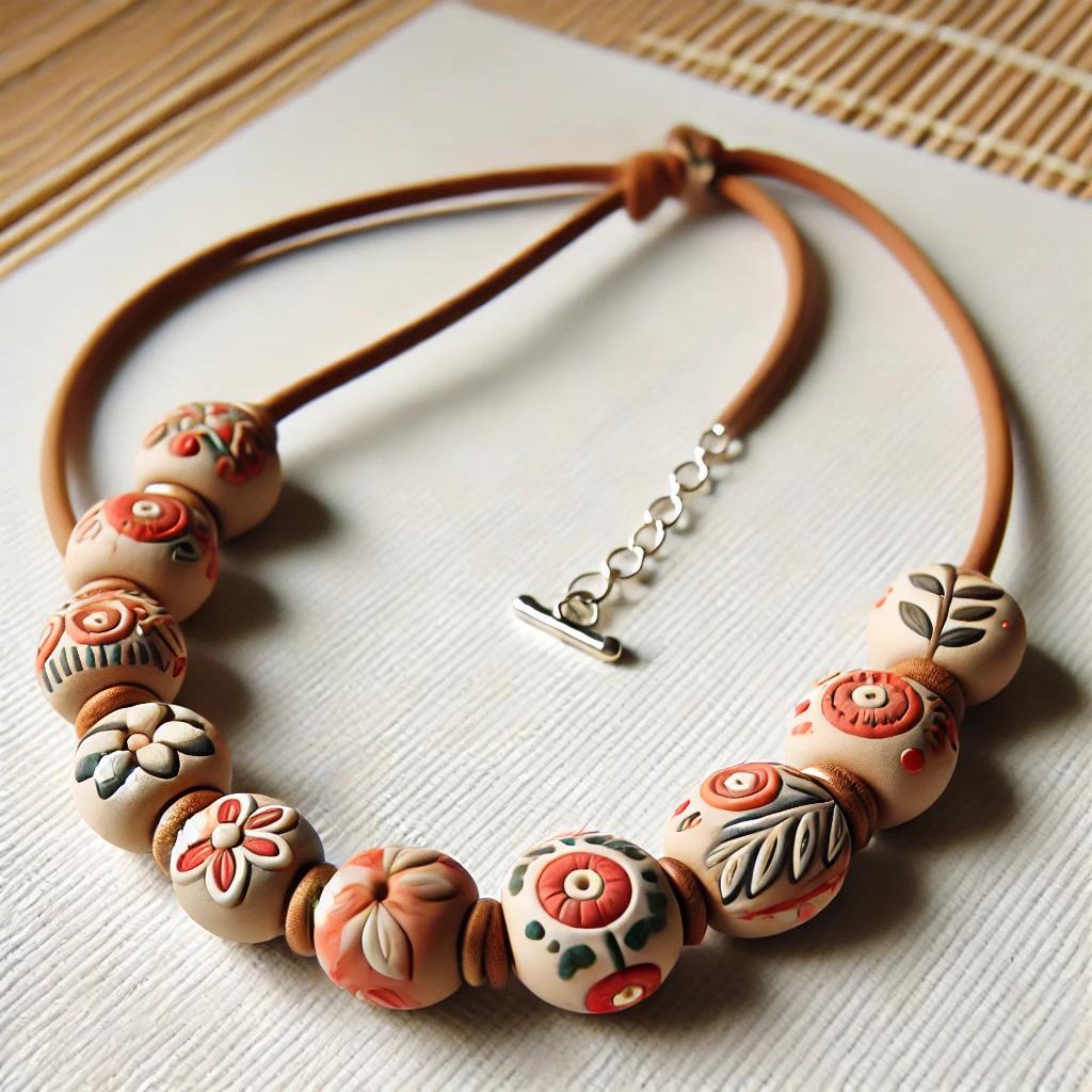 A completed DIY clay necklace with hand-painted beads, threaded onto a stylish cord.