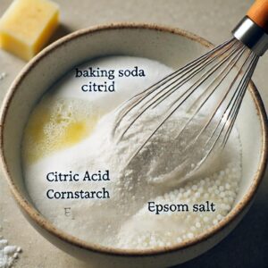 “DIY Bath Bomb Recipe – Mixing Dry Ingredients”
A bowl with baking soda, citric acid, cornstarch, and Epsom salt being whisked together for homemade bath bombs.