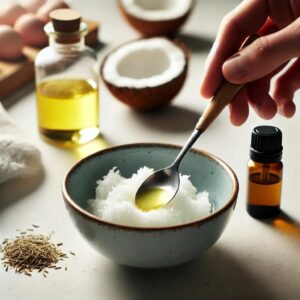 “Preparing the Wet Ingredients for DIY Bath Bombs”
A small mixing bowl containing coconut oil, essential oils, and food coloring for bath bomb making.