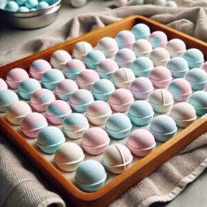 “Drying DIY Bath Bombs – 24-Hour Setting Process”
A tray with freshly molded DIY bath bombs resting on a towel, drying for 24-48 hours.