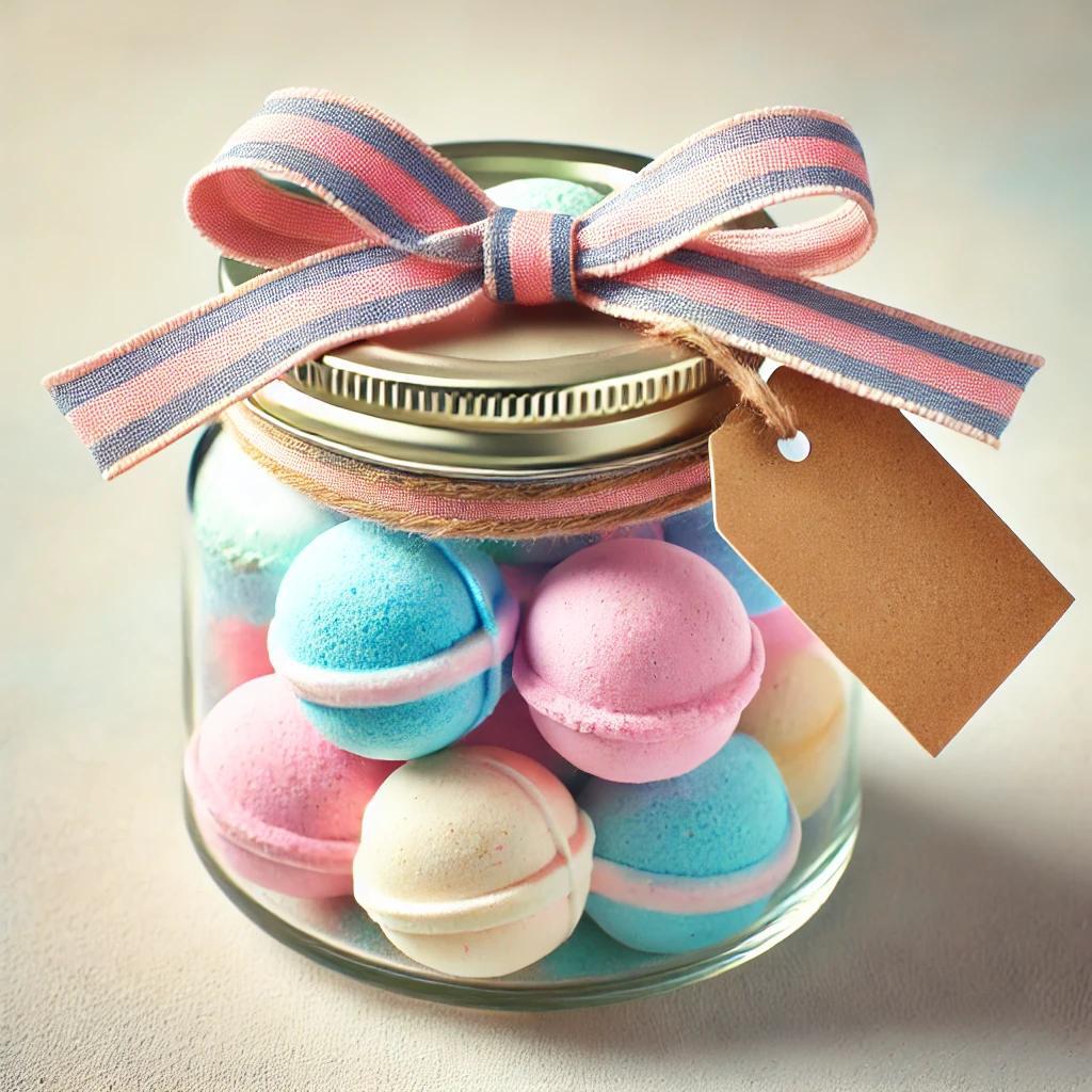 “DIY Bath Bomb Storage – Handmade Spa Gift Idea”
A glass jar filled with colorful DIY bath bombs, neatly stored or prepared for gifting.