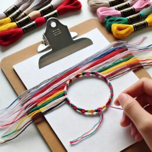 Colorful embroidery threads arranged for a DIY friendship bracelet project.