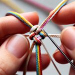 Close-up of a handmade friendship bracelet being knotted in a diagonal pattern.