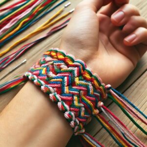 A DIY friendship bracelet in progress, showing multiple colorful threads being woven.