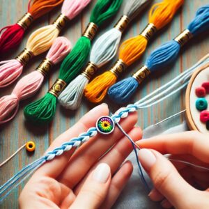 A partially completed friendship bracelet with added decorative beads for a unique touch.