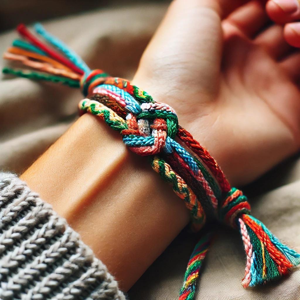 A vibrant handmade friendship bracelet tied around a wrist, showcasing its colorful design.
