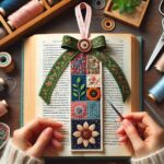 A beautifully arranged DIY fabric bookmark project featuring neatly sewn bookmarks made from colorful fabric scraps. A charming handmade accessory for book lovers, displayed on a cozy reading setup