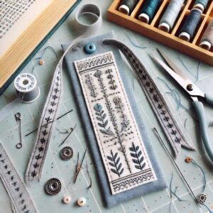 Attaching a Ribbon to a Handmade Bookmark – A fabric bookmark in progress with a ribbon loop being pinned between the layers before sewing.