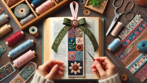 A beautifully arranged DIY fabric bookmark project featuring neatly sewn bookmarks made from colorful fabric scraps. A charming handmade accessory for book lovers, displayed on a cozy reading setup