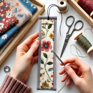 Turning the Bookmark Right-Side Out – A nearly completed fabric bookmark being turned right-side out after stitching, revealing its final shape.