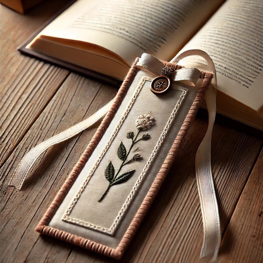 Finished DIY Fabric Bookmark – A beautifully crafted handmade fabric bookmark with decorative stitching and a ribbon loop, placed inside an open book.