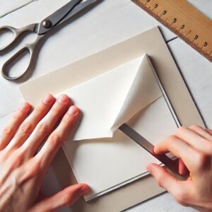 Folding a blank cardstock for a greeting card – A piece of cardstock being folded in half, forming the base for a handmade greeting card.