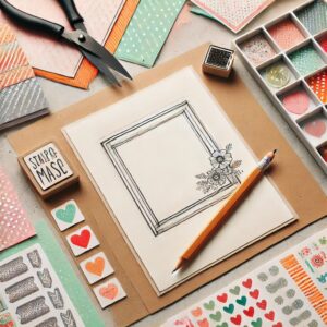 Sketching a greeting card design – A lightly drawn layout on a folded card, with planning for decorations and elements.