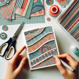 Decorating a handmade greeting card with stamps and stickers – A nearly completed greeting card featuring stamps, stickers, and washi tape for embellishment.