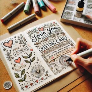 Writing a heartfelt message inside a DIY greeting card – A personalized message being written inside a greeting card with a pen and decorative elements.