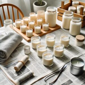 A well-organized workspace with wax, wicks, and jars, ready for DIY candle making.