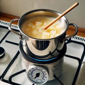 A double boiler setup on a stove, melting wax for homemade candle making.