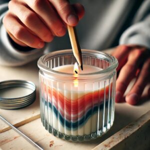 A glass candle container being filled with warm, scented wax, creating a handmade candle.