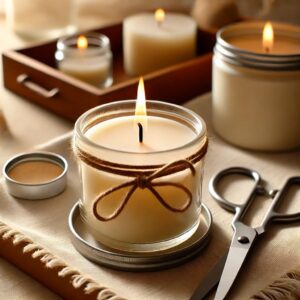 A fully set homemade candle in a glass container, with the wick trimmed and ready to use.