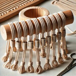 A wooden dowel with 12 evenly spaced macrame cords, the foundation for a DIY wall hanging.