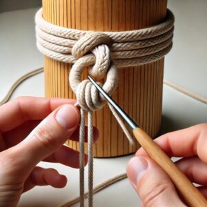 Close-up of a wooden dowel with macrame cords attached using lark’s head knots.