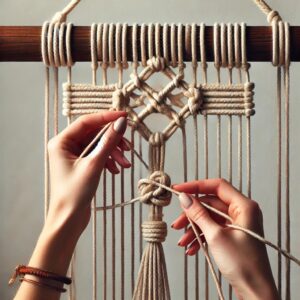 A macrame project in progress, with cords hanging from a dowel, ready for knotting.