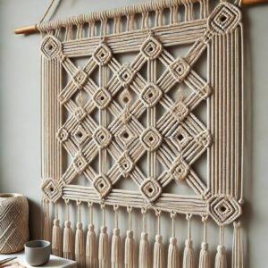 A macrame wall hanging in progress, featuring multiple rows of square knots forming a pattern.