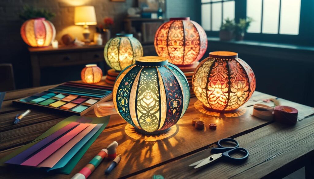 DIY Paper Lanterns Cover Image – A set of handmade paper lanterns in various colors, beautifully lit to create a cozy and festive atmosphere.