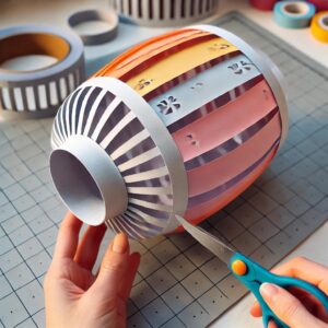 A DIY paper lantern in progress, rolled into a cylindrical shape and secured with tape.