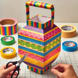 A colorful paper lantern with a sturdy handle attached, ready for hanging.