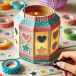 A decorated paper lantern with stickers and cut-out designs for a festive look.