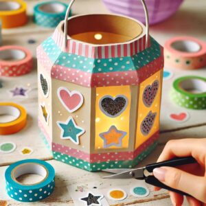 A decorated paper lantern with stickers and cut-out designs for a festive look.
