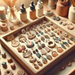 A beautifully arranged DIY polymer clay earrings project displayed on a crafting table. Various earring shapes in soft pastel and vibrant colors, showcasing handmade jewelry-making techniques.