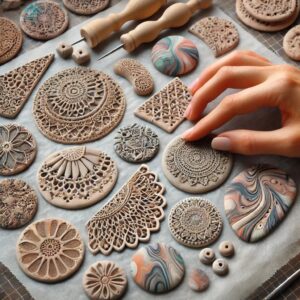 Adding Texture to Polymer Clay Earrings – A close-up of a DIY clay earring project where a textured surface is being imprinted onto the soft clay for decorative effects.