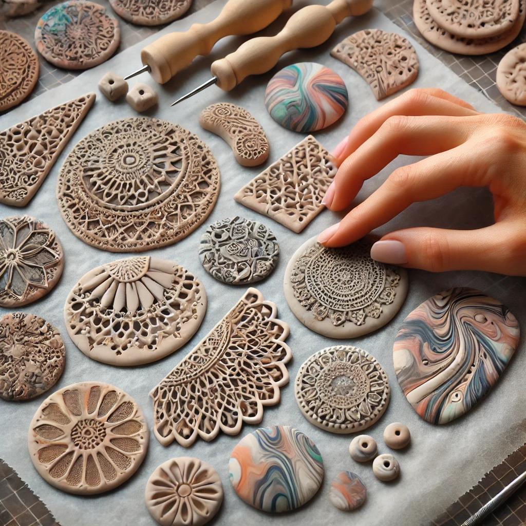 Adding Texture to Polymer Clay Earrings – A close-up of a DIY clay earring project where a textured surface is being imprinted onto the soft clay for decorative effects.
