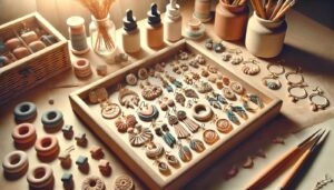 A beautifully arranged DIY polymer clay earrings project displayed on a crafting table. Various earring shapes in soft pastel and vibrant colors, showcasing handmade jewelry-making techniques.