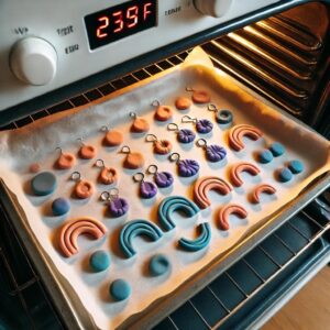 Baking Polymer Clay Earrings – A parchment-lined baking tray holding freshly crafted polymer clay earrings, ready to be hardened in the oven.