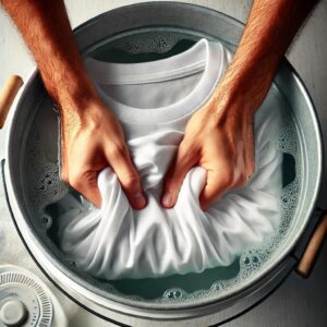 “Soaking a Cotton T-Shirt for Tie-Dye – Fabric Prep Step”
A plain white cotton t-shirt being soaked in warm water to prepare for tie-dyeing.