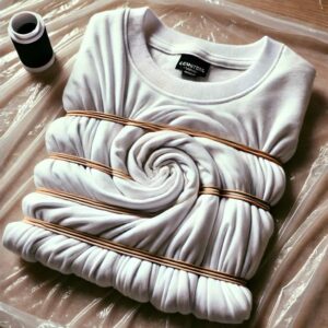 “Creating a Spiral Pattern for Tie-Dye T-Shirts”
A white cotton t-shirt twisted into a spiral and secured with rubber bands, ready for dye application.