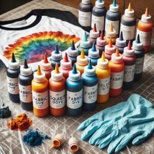 “Applying Fabric Dye to a T-Shirt – DIY Tie-Dye Project”
Squeeze bottles filled with vibrant fabric dye being used to color a twisted t-shirt for a tie-dye effect.