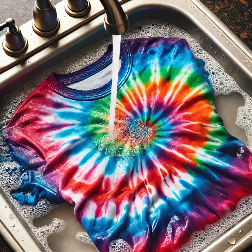“Final Rinse of a DIY Tie-Dye T-Shirt – Home Craft Project” A colorful tie-dye t-shirt being rinsed under cold water to remove excess dye before drying.
