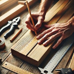 A neatly cut wooden plank with measuring tools, ready to be assembled into a DIY wall shelf.